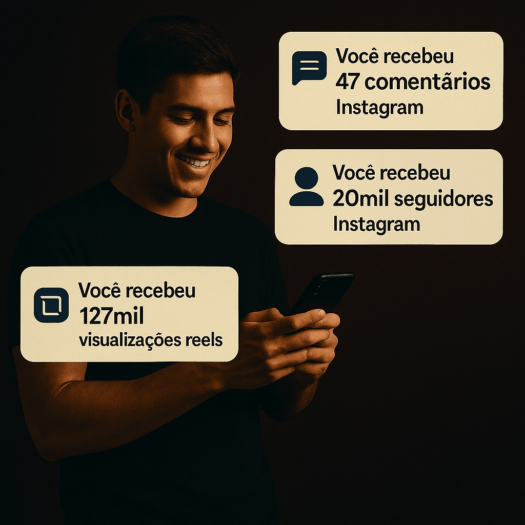 Jovem mexendo no celular e recebendo milhares de seguidores Instagrma