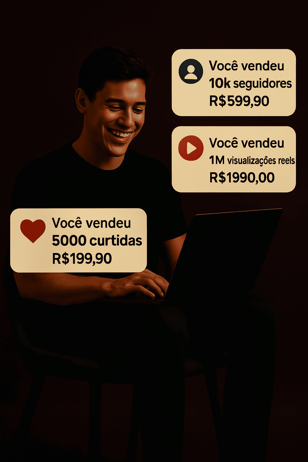 jovem mexendo no notebook recebendo vendas-min