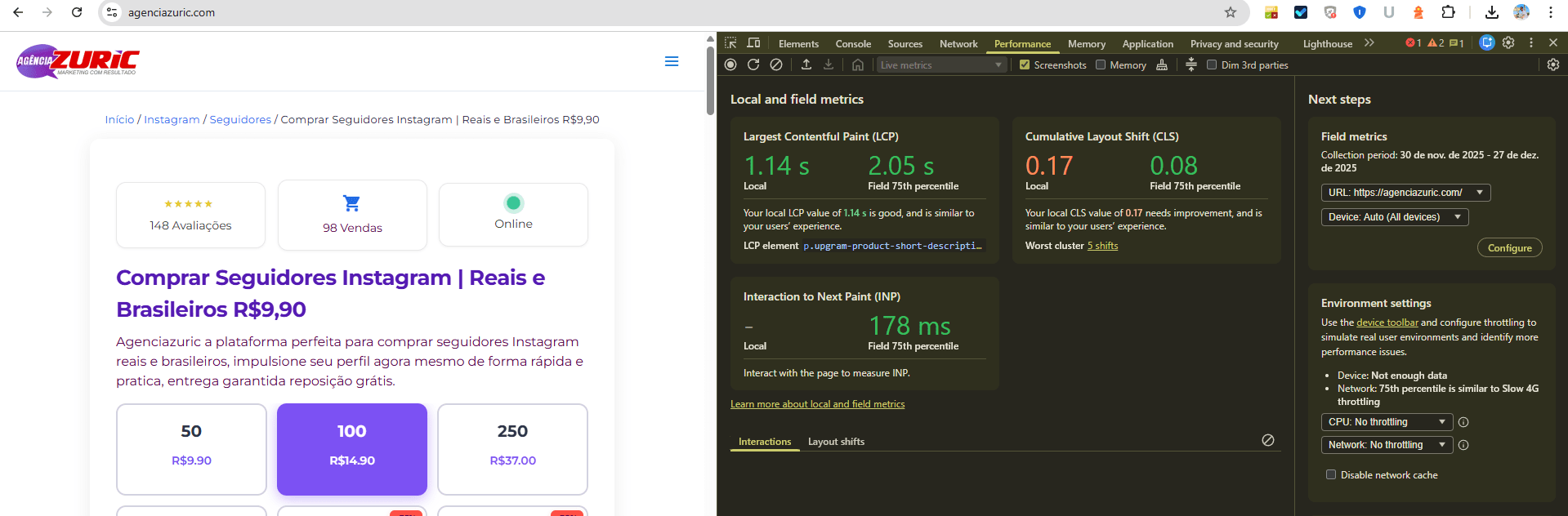 teste de otimização do plugin - checkout WooCommerce para revender seguidores